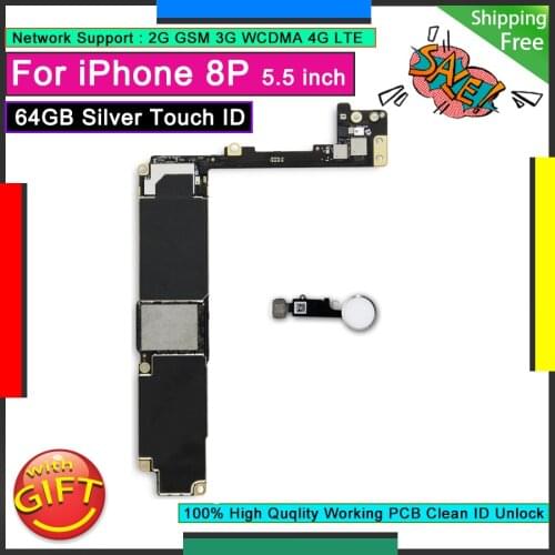 Original Motherboard White Home Button For IPhone 8P 8 PLUS 64GB Silver Touch ID Good Working Mainboard Unlocked Logic Board