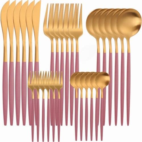 Matte Cutlery Set Stainless Steel Dinner Set Kitchen Tableware 30Pcs Pink Gold Dinnerware Set Silverware Flatware Dropshipping
