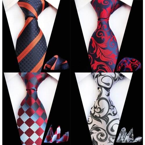 Ricnais Fashion 8cm Mens Tie Set Red Navy Silk Pocket Square Necktie Suit Business Wedding Handkerchief Neck Ties Accessories