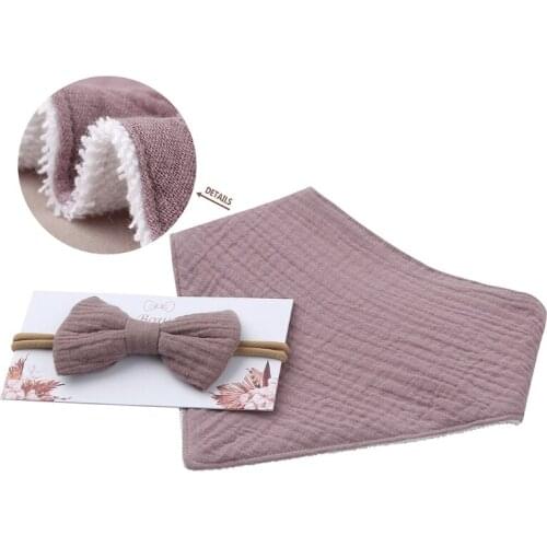 2 Pcs Baby Girls Elastic Bow Headband Saliva Towel Set Princess Cotton Solid Color Bowknot Hair Band Bib Kit