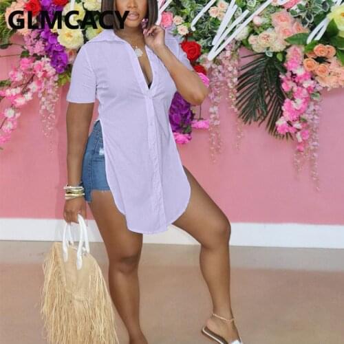 Short Sleeve Solid Slim Button Down Shirt Side Slit Blouses Top