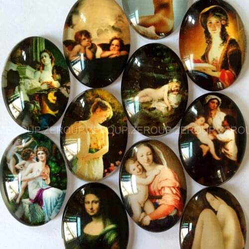 ZEROUP 2 Sizes Oval Glass Cabochon Oil Painting Picture Mixed Pattern Fit Base Setting for Jewelry Embellishment Flatback TP-058