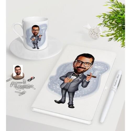 Personalized Men 'S Boss Caricature Of White Notebook Pen Turkish Coffee Cup Seti-3