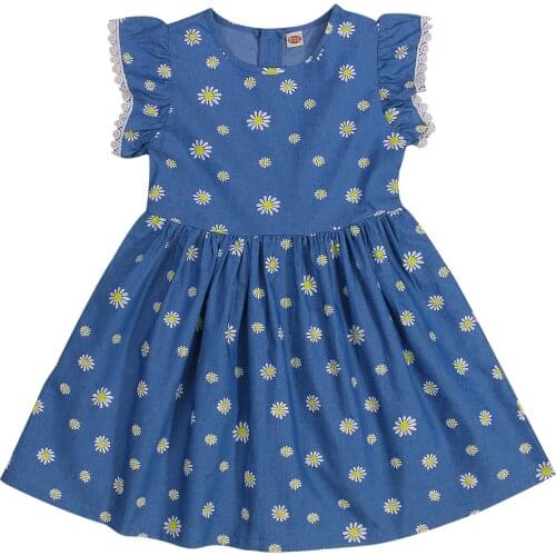3-7Years Children Daisy Print Denim Dress, Girls Flying Sleeve Large Hem O-neck Sundress with Lace