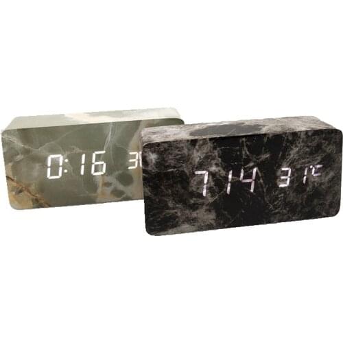 Rectangle Marble Pattern Digital Wooden LED Temperature Alarm Clock Wood Retro Glow Clock Desktop Table Decor Desk Tools
