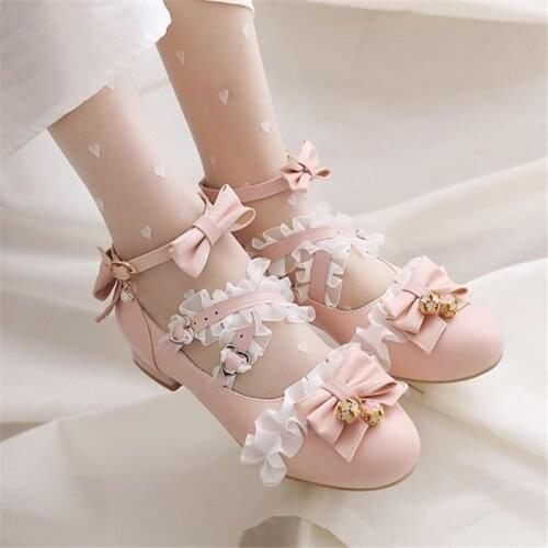 PXELENA 2021 Cute Lovely Girls Lace Ruffles Mary Janes Shoes Bowtie Low Heels Lolita Pumps Women Party Student School Pink 34-46