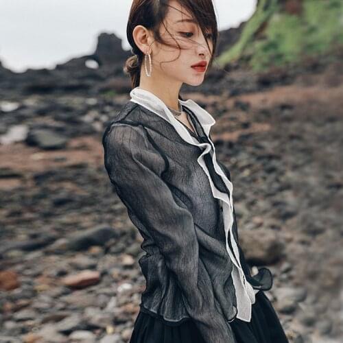 Lotus Leaf Chiffon Shirt New Style Double Decor Attire Shirt for Autumn Wear