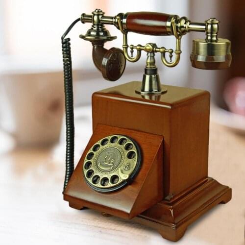 Antique Telephone Wooden Corded Telephone Decorative Landline Classic Rotary Dial with Hanging Headset for Home Hotel Bar