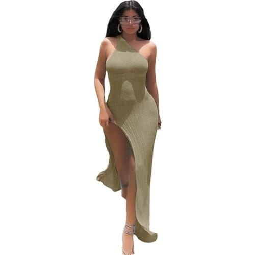 XLLAIS Knitting Beach Soft Material Dresses Women Sexy One Shoulder Bodycon Slim Split Vestidos Ladies Elegant Cute Outfits