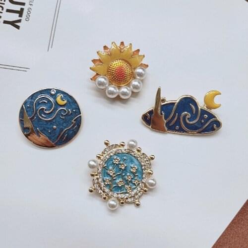 Ydgy antique enamel colored glaze Baroque Brooch oil painting star sky apricot flower sunflower Rhinestone Pearl Brooch girl