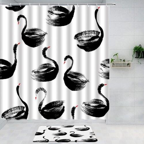 Swan Ink Painting Bathroom Curtain Shower Curtain Set Bath Mats Rugs Curtains For Kitchen Childrens Room Decor Bath Accessories