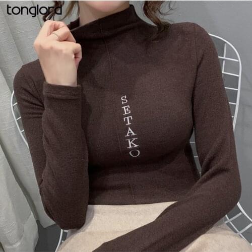 Ins Style Slim Women Half Turtleneck Bottoming Tops Autumn Letter Long Sleeve Velvet T-Shirts Female Thick Elastic T Shirts New