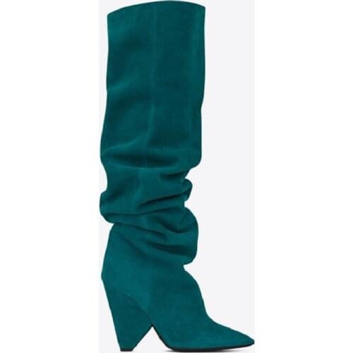 Womens Shoes Pleated Shaped Heels Pointed To Knee-high Boots Turned-over Edge Flanging Elastic Stretch Boot Botas Femininas