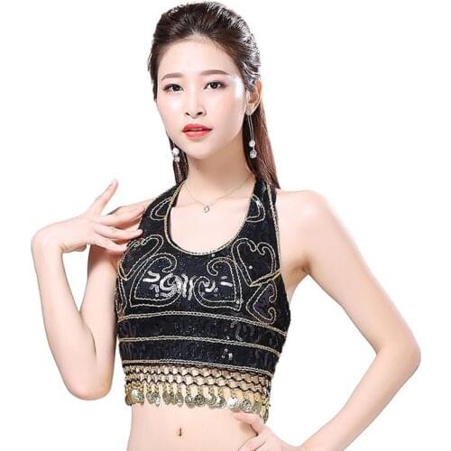 New Women Belly Dance Clothes Sleeveless Halter Costume Accessories Paillettes Sequins Fringes Top Bra Free Size