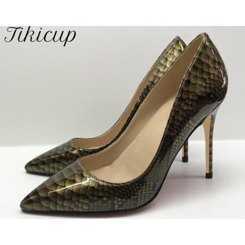 Tikicup Snake Pattern Women Glossy Patent Pointed Toe Stiletto Pumps Sexy Wild Ladies Slip On Party High Heel Shoes Size 44 45