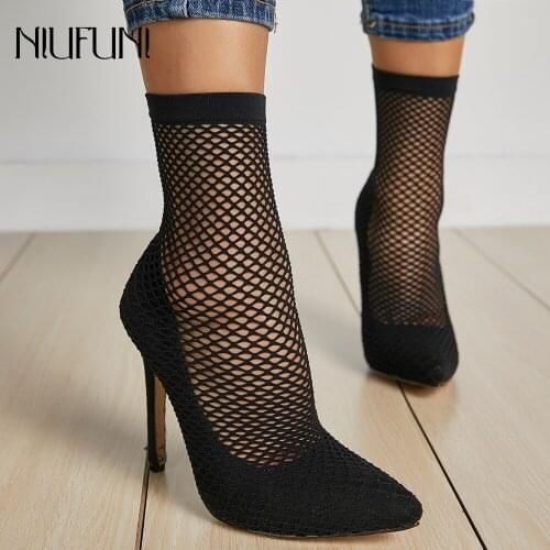 Women Sandal Boots High Heeled Hollow Shoes Woman Ankle Boots Slip On Pumps Pointed Toe 12 cm Fashion Ladies Shoes Plus Size 42