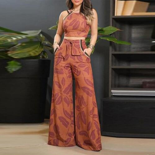 Women Printed Suits Sleeveless Cropped Tops High Waist Wide Leg Pants Loose Female 2 Piece Set Casual Elegant Summer Autumn 2021