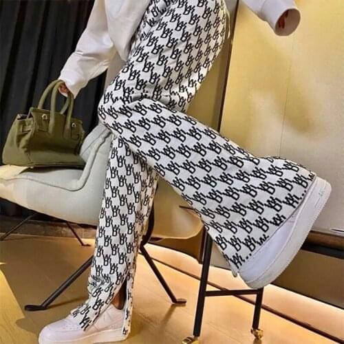 2021 Autumn Straight Wide Leg Knitted Pants Women Loose Casual Streetwear Hem Split Floor Length Trousers Fashion Sweatpants