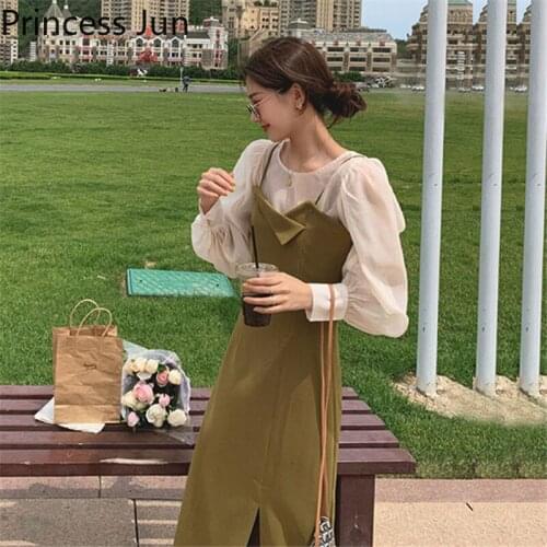 Korean Women 2 Piece Sets New Spring Summer Long Sleeve Bottoming Shirt+split Suspender Skirt Two Piece Retro Dress Sets Outfits