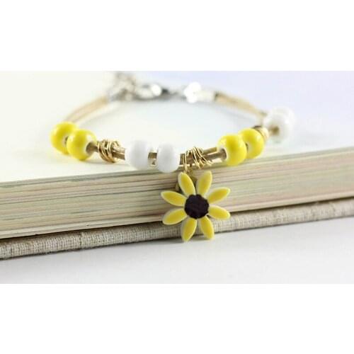 12 Pieces/Lot Elegant Beads Bracelets For Women Ceramic Flower Pendants Bracelet Gold Color Circles Charm Bangle Girls Jewelry