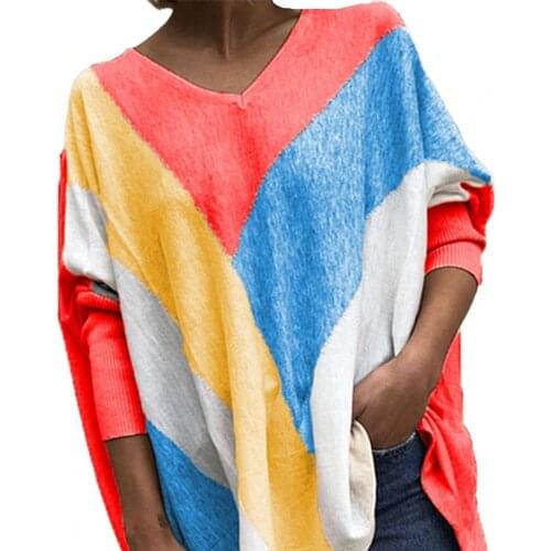 2021 New Hit Contrast Color Patchwork V-Neck Long Sleeve Casual Basic Splice Baggy Polyester Tops for Women Clothing