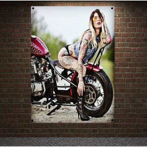 Female Rider Banner Flag Motorcycle Model Posters Wall Art Tattoo Beaut Sexy Art Canvas Painting Wall Hanging Mural Home Decor 3