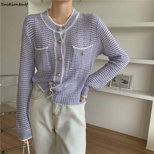 Suitlionbutf 2021 Autumn Stripied Soft Cardigan For Women Golden Buttons Full Sleeve Sweater Tops Korean INS Female Jumper Traf