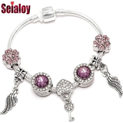 Fashion New Vintage Brands Bracelet For Women Purple Crystal Flowers Wing Beads Heart Charm Bracelet Bangle Jewelry Gift