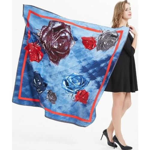 130*130cm TOP Silk Rose Flower print Scarves Women Foulard Square Hijab Scarf Ladies Shawl wrap muffler pareo female hijab