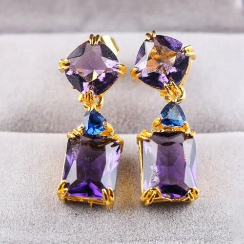 2021 New Fashion Geometric Square Stone Drop Earrings Purple Crystal Ear Stud for Women Wedding Party Jewelry Accessories Gift