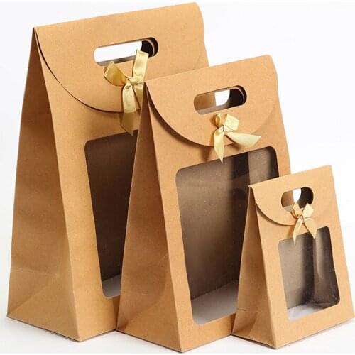 30pcs Clear Window Festival Gift Bag Kraft Paper Shopping Bags DIY Multifunction Recyclable Paper Bag With Bowknot