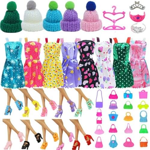 40 Pcs/Set Accessories=10 Pcs Doll Clothes 5 Pcs Hat 3 Pcs Crown 10 Pcs Hangers 10 Pcs Shoes 2 Pcs Bags for Barbie Toy