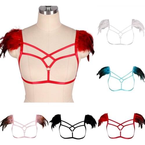 Feathers Accessories Halloween Rave Fetish Lingerie Bondage Tops Cage Hollow Bra Harness Women Underwear Gothic Style Cosplay