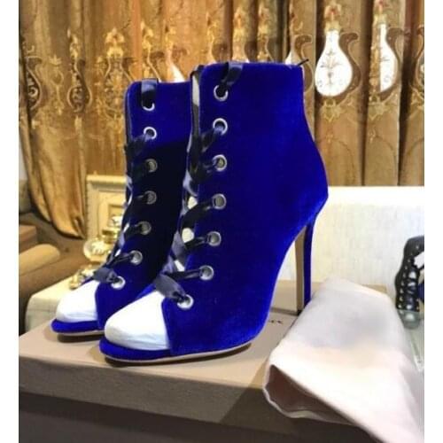 Hot Selling Royal Blue Velvet Socks Ankle Boots Peep Toe Lace-up High Heels Ladies Ankle Boots Fashion 2019 Spring Autumen Boot