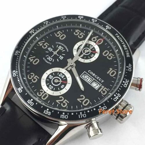 Corgeut 44mm black dial leather date automatic movement mens fashion watch stainless steel case waterproof mechanical watch