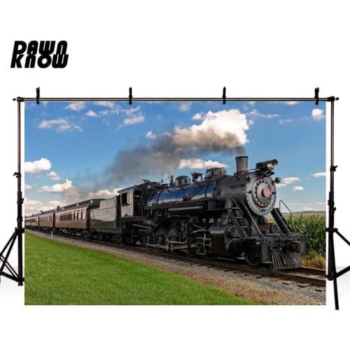 DAWNKNOW Green Grass Photography Background Train Blue Sky Photocall Wedding Photo Studio Children Photographic Backdrop lv1718