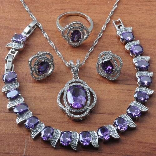 Natural Purple Crystal Silver Color Jewelry Sets Women Wedding Jewelry Earrings Set Rings Bracelet Birthday Gift JS0638