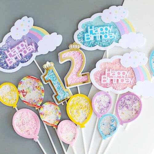 Blue Pink 1 2 3 4 Cake Topper Glitter Rainbow Cupcake Toppers Happy Birthday Baby Shower Party Dessert Table Home Decoration