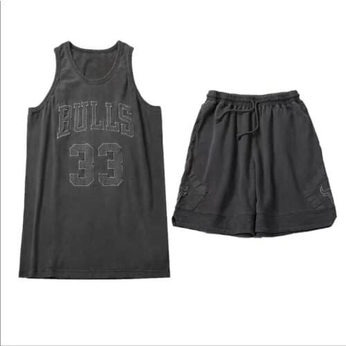 Sleeveless Loose Vintage Two Piece Sets Men Women Pullover Gray Basketball Drawstring Shorts Sport Teens Tops Casual Summer Suit