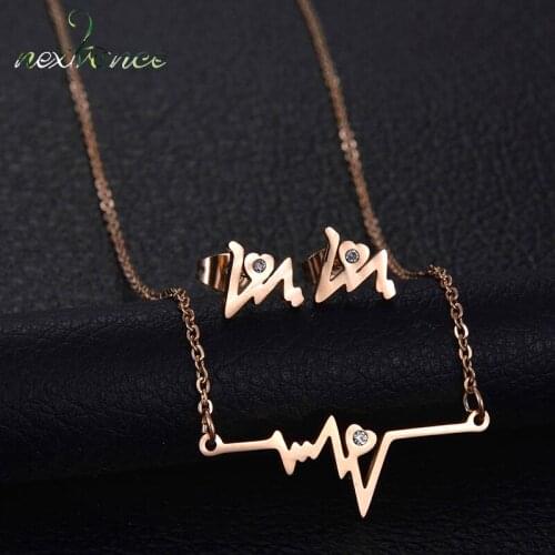 Nextvance Rhinestone Heartbeat Electrocardiogram Jewelry Set Rose Gold Stainless Steel Wave Necklace Earrings