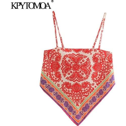 KPYTOMOA Women 2021 Fashion Totem Print Irregular Crop Tank Tops Vintage Backless Bow Tied Thin Straps Female Camis Mujer