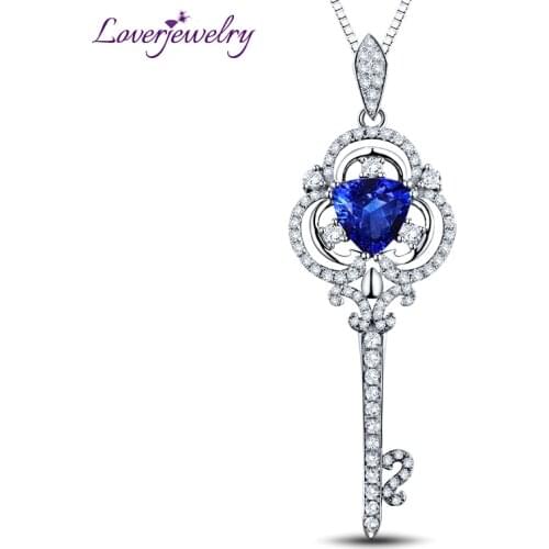 LOVERJEWELRY Pendant For Women Natural Diamonds Unique Key Shape Tanzanite Pendant 18K White Gold Trillion 7mm Gemstone Jewelry