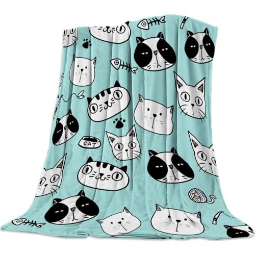 Cute Cartoon Hand Drawn Cat Throw Blanket Soft Warm Microfiber Blanket Flannel Blanket