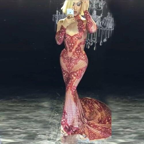 Fashion Bar Prom Dress Women Sexy Stage Show Female Singer Dance Costume Red Print Crystal Birthday Party Dress Fairy Beyonce