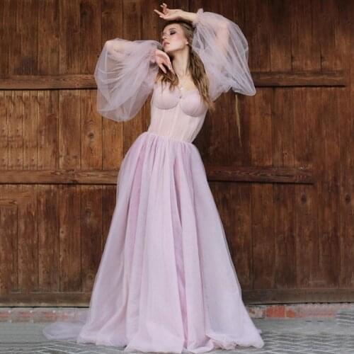 Charming Pink Wedding Dresses 2021 Beach Bride Dress with Detachable Puff Sleeve Tulle Pleated Sweetheart Boho Wedding Gowns