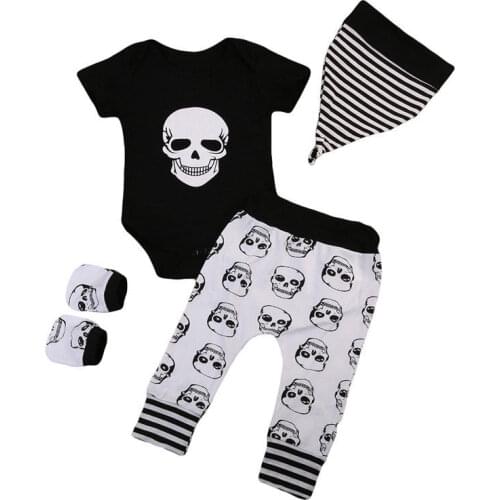 Baby Boy 4pcs Clothes Set Skull Printed Bodysuit Romper Pants Hat Gloves 0-18M Newborn Infant Toddler Spring Fall Casual Outfit
