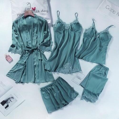 Sexy 5PCS Women Pajamas Set Sleepwear Sleep Suit Satin Chest Pads Nightwear Kimono Bathrobe Gown Lace Lounge Wear Soft Pyjamas