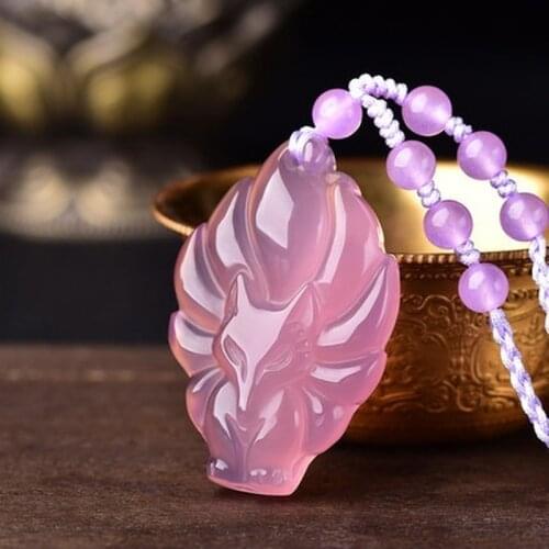 Natural Pink Chalcedony Hand Carved Fox Head Pendant Fashion Jewelry Mens and Womens 925 Silver Inlaid Necklace