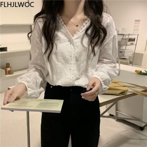 Chic Korea Tops Cotton Blends Fall Autumn Blusas Women Sweet Girls V Neck Basic Wear Single Breasted Button White Lace Shirts