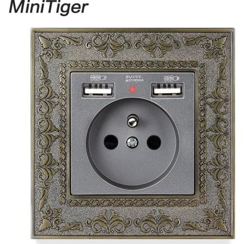 Minitiger Zinc Alloy High-end Retro Panel Power 16A French Standard Wall Dual USB 2.1A With Socket Charging Port Embossed Panel